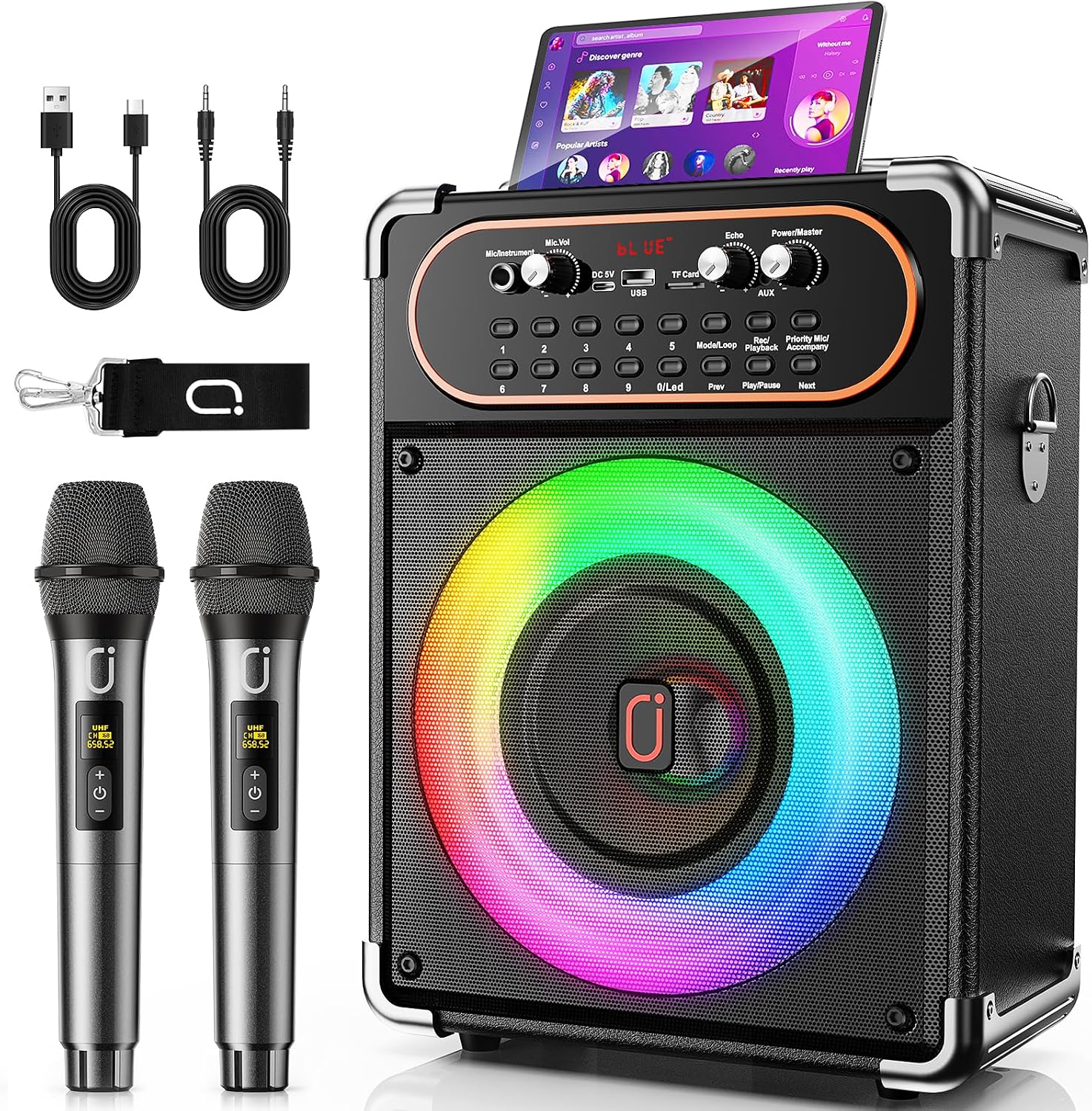 HWWR 200W karaoke machine with a ring-lit 6.5 inch alloy woofer, two wireless microphones, cables, and a shoulder strap
