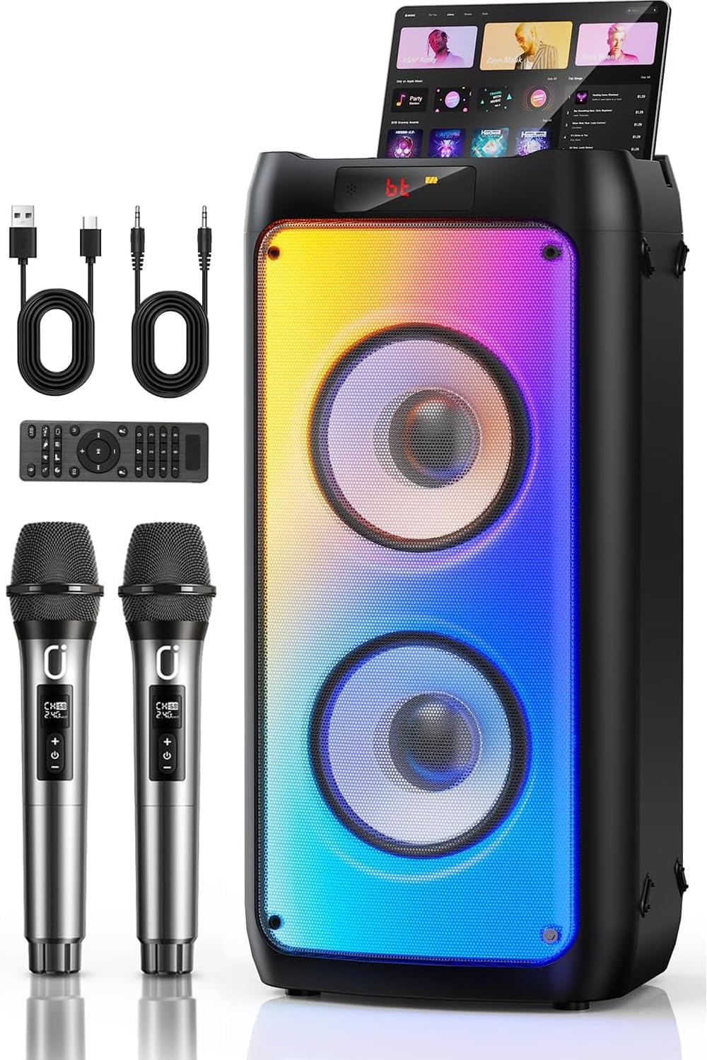 HWWR T10-T tower karaoke machine with two lit 6.5 inch woofers, two wireless microphones, a remote control, and cables