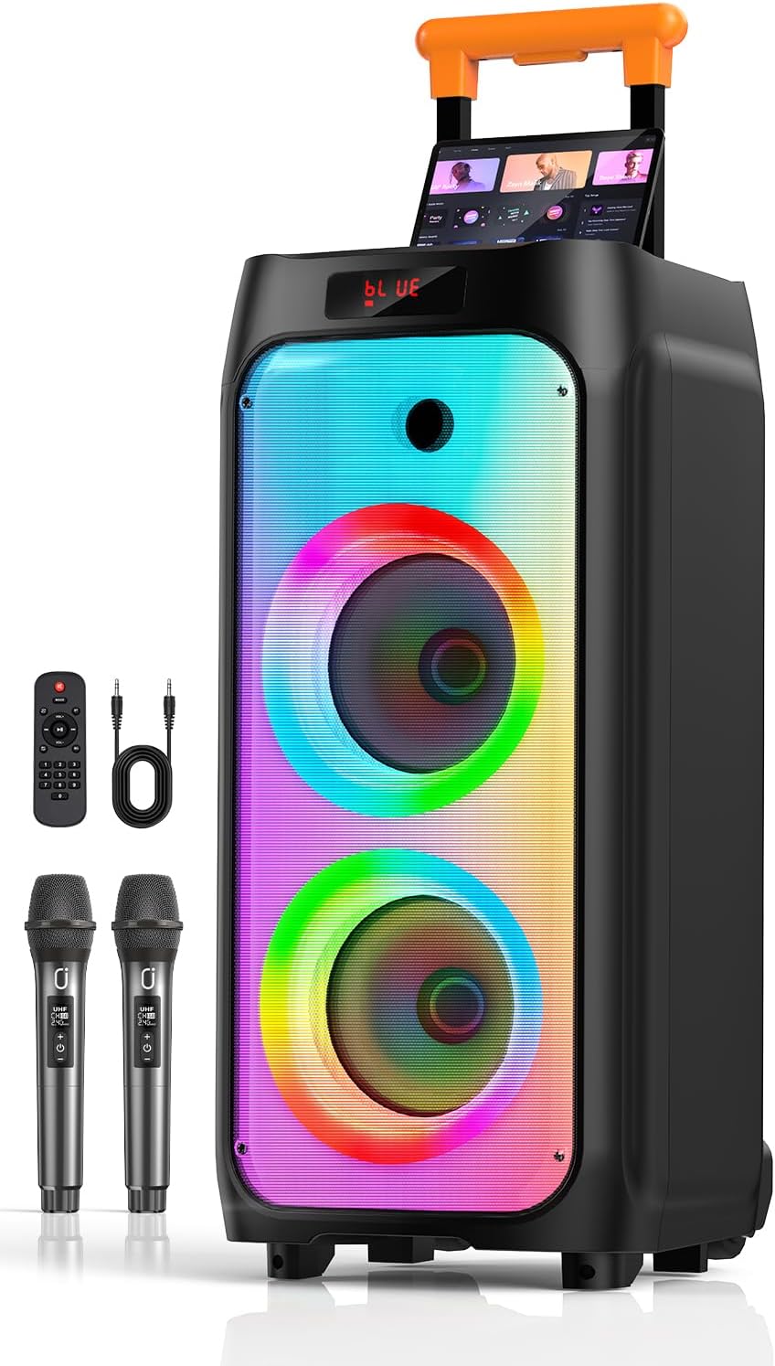 HWWR T8 24 inch karaoke machine with two lit 8 inch woofers, an orange telescoping handle, two wireless microphones, and a remote