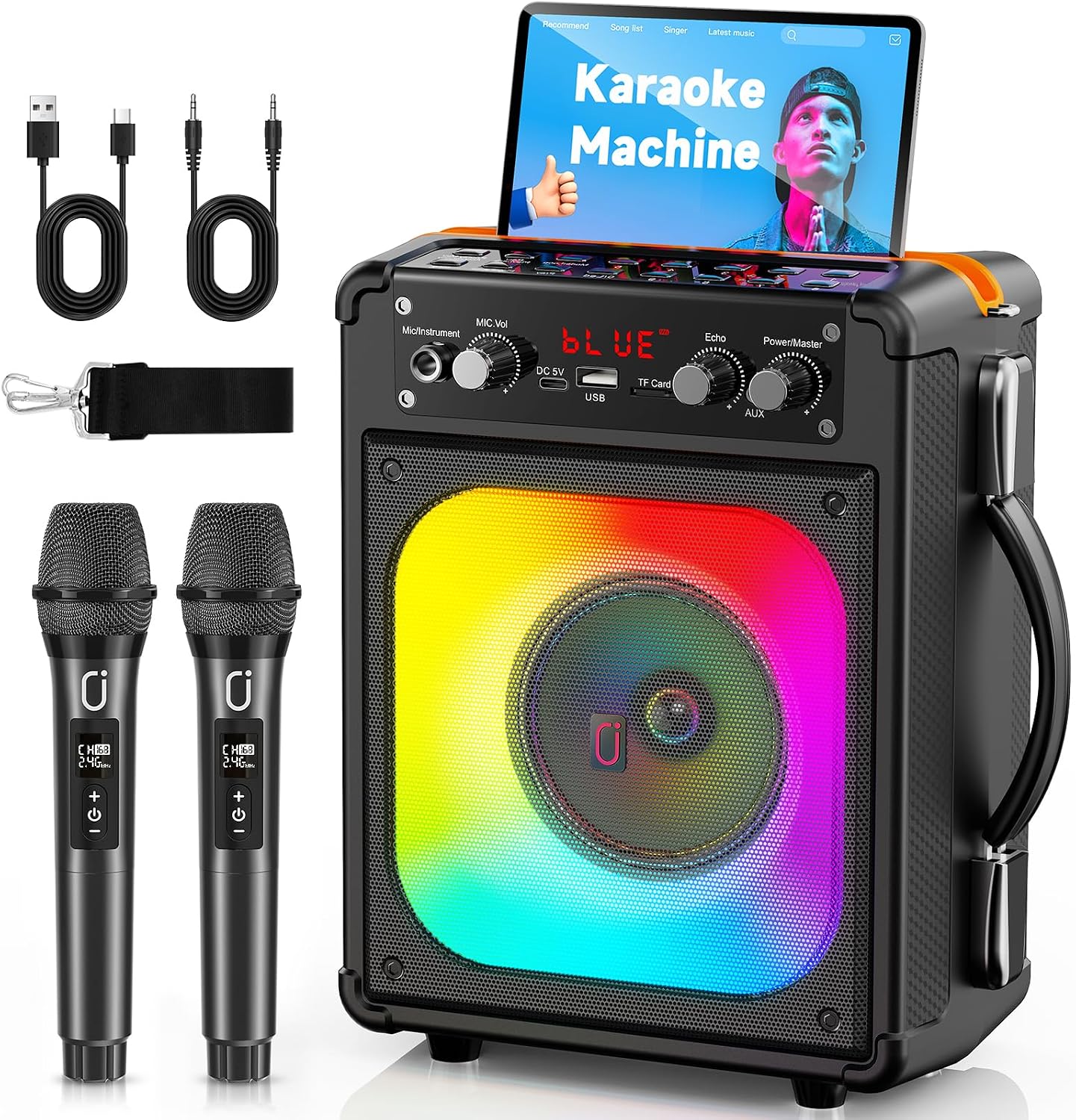 HWWR TX06 compact karaoke machine with a rainbow-lit woofer, two wireless microphones, charging and AUX cables, and a shoulder strap