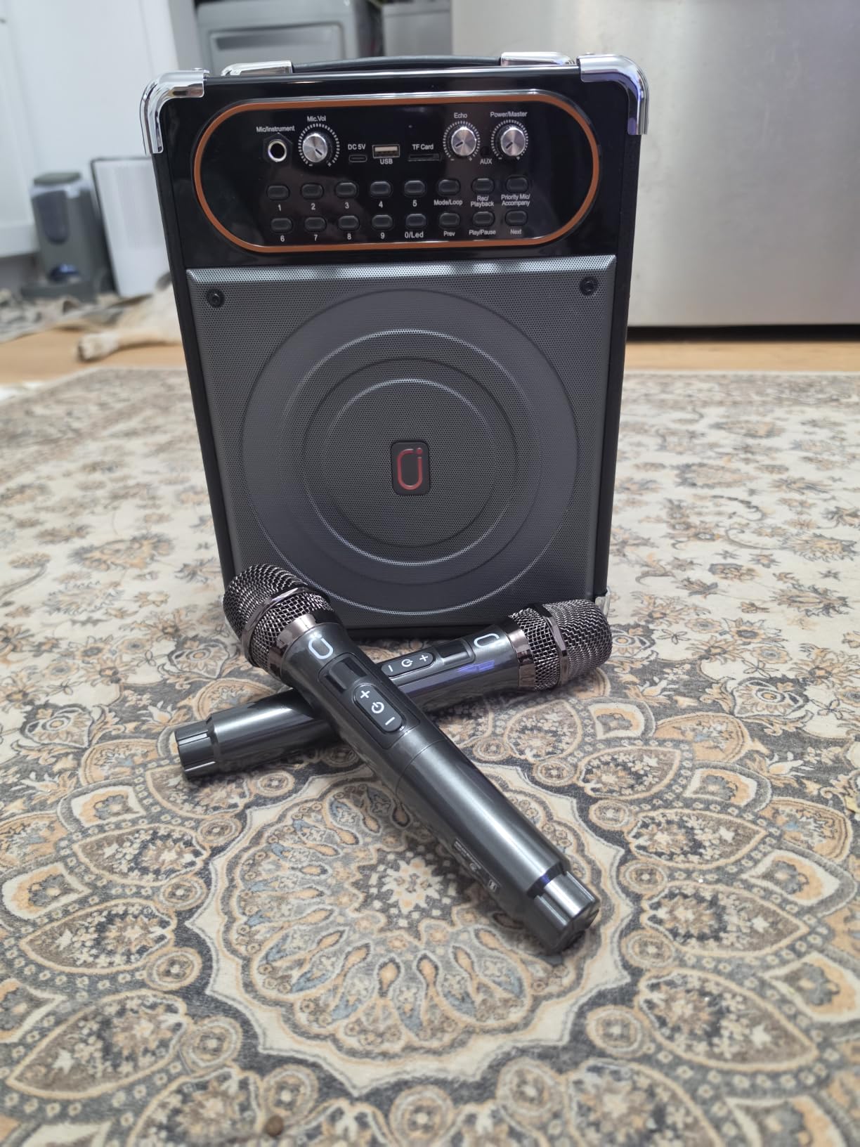 Compact HWWR karaoke machine on a patterned rug with both wireless microphones in front of it